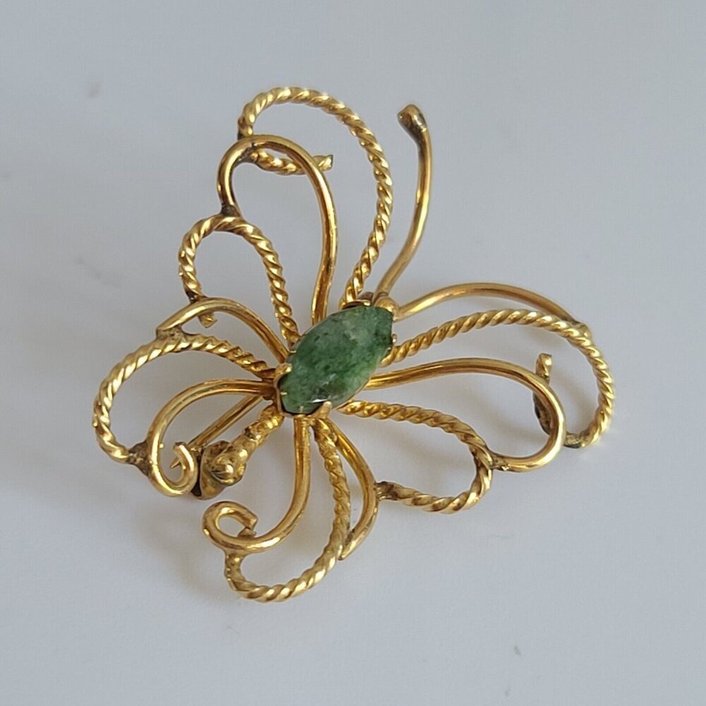 Vintage Winard 12k Gold Filled Apple Green Jade Butterfly Bug insect Brooch Pin